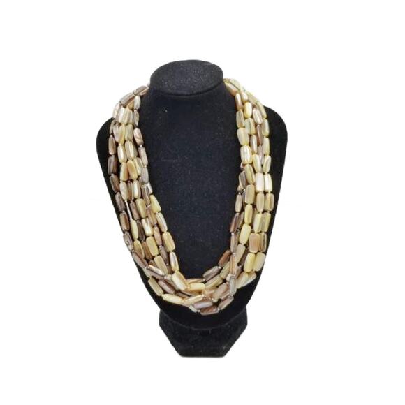 Vintage Jewelry - Vintage 6 Strand Mother of Pearl Beaded Necklace with Sterling Clasp